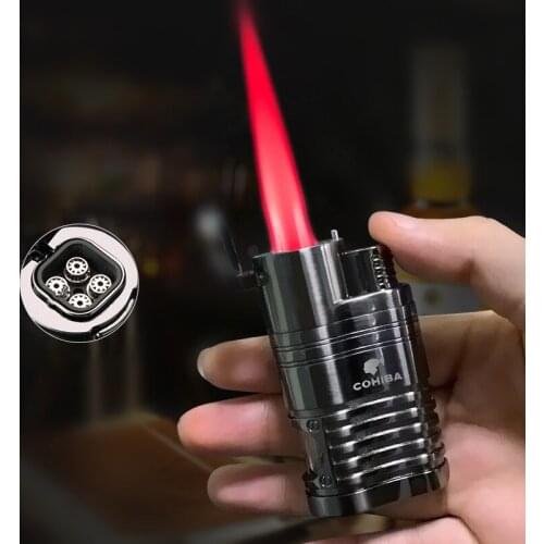 Cohiba Windproof Jet Turbo Lighter Four Nozzle Red Flame Metal Gas Butane Cigarette Cigar Lighter Mens Smoking Set