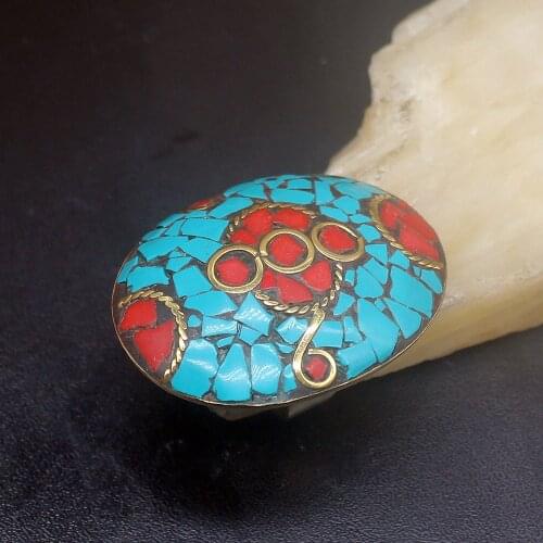 Gemstonefactory Jewelry Big Promotion Single Unique Yellow Gold Plated Hot Coral Turquoise Women Men Gifts Rings 8# 20212710