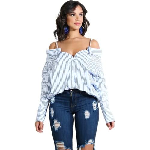 Women Blue Striped Blouse Long Sleeve Off the Shoulder Tops Shirt Sexy Summer Casual Loose Blouses Button Up Shirts and Blouses