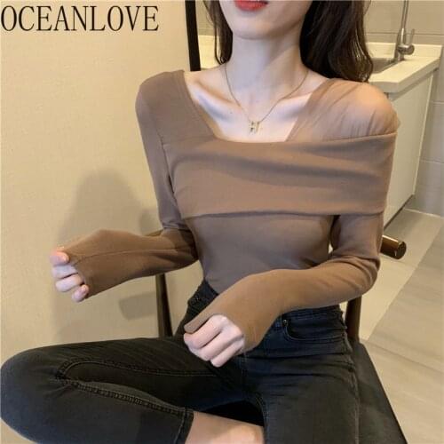 OCEANLOVE Women T Shirt Solid Mesh Skew Collar 2021 Spring Ropa Mujer Korean Ins Fashion Patchwork Elegant T-shirt Tops