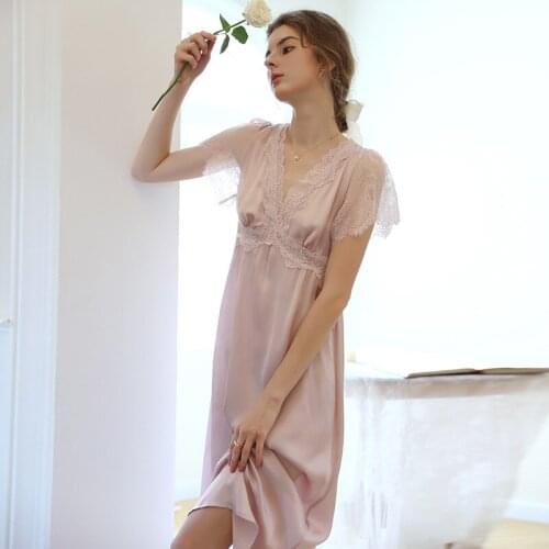 Wasteheart Women Homewear Pink Sexy Sleepwear Nightdress V Neck Lace Nightwear Long Luxury Nightgown Female Court Gown Sweet