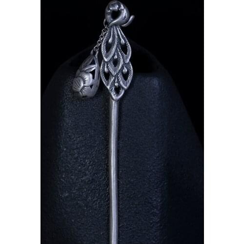 925 Sterling Silver Chinese Hair Stick Tassel Vintage Peacock Feather Step Shake Hanfu Pins Hair Accesories For Women Jewelry