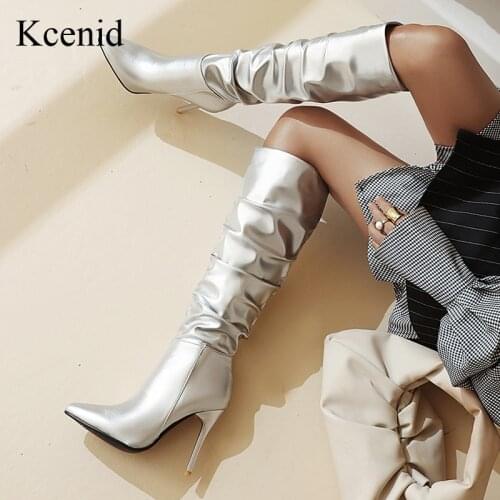 Kcenid Silver gold knee high boots women pleated pointed toe thin high heels dres party shoes autumn winter long boots woman
