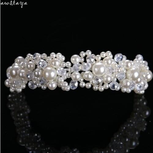 Handmade Pearl Bridal Crystal Rhinestone Hair Piece Women White Simulated-pearl DIY Princess wedding tiaras Crown Accessories