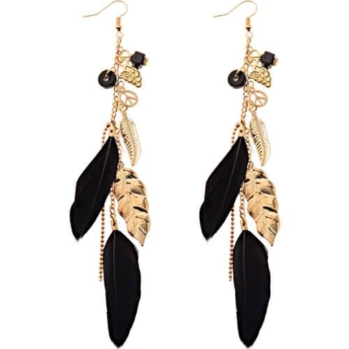 Womens Vintage Long Bohemian Leaf Feather Hanging Drop Earrings Indian Jewelry Female Chain Pendant Tassel Earring Oorbellen