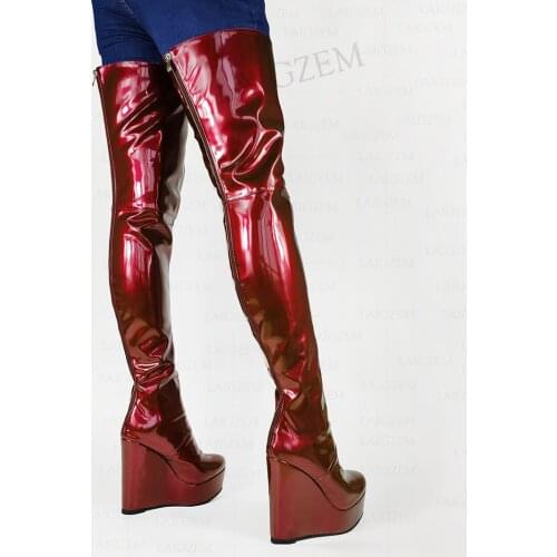 SEIIHEM Women Over Knee High Boots Platform Zip Up Wedges Thigh High Boots Shiny Botas Handmade Shoes Woman Big Size 42 44 47 52