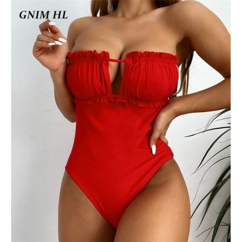 GNIM Sexy Bandeau Swimsuit Women One Piece Bandage Off Shoudler Solid Fold Swimsuit Female High Waist Beachwear Biquini 2021 New