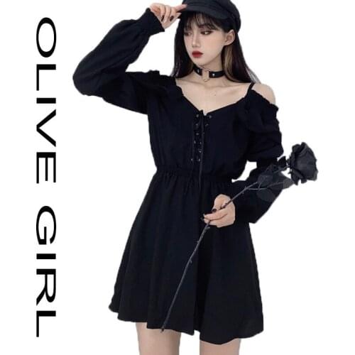 Girl Women Dress Black Slip Goth Dress Sexy Backless Bandage Dark Plus Size 4XL Off Shoulder Long Sleeve Gothic Clothes
