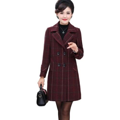 2020 Autumn Winter Middle-aged Women Woolen Coat Fashion Elegant Jacket Female Casual lattice Plus Size Woolen Outerwear R540