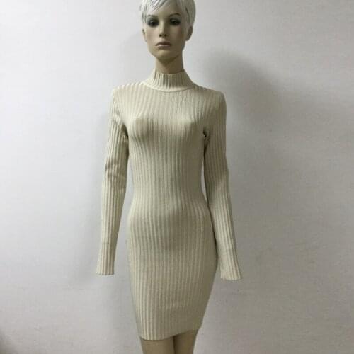 Women Spring Fashion Long Sleeve Bandage Dress Turtleneck Casual Pencil Bodycon Mini Dress
