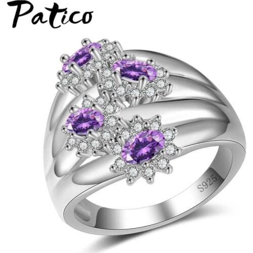 Luxury Oval Shape Purple Cubic Zirconia Crystal Fine Rings for Women Ladies Vintage 925 Sterling Silver Party Jewelry