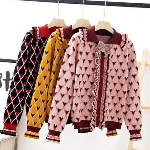 Winter Thick Jacquard Cardigans Women 2021 Fashion Ruffles Long Sleeve Heart Printed Argyle Bow Knitted Sweater Cardigan Manteau