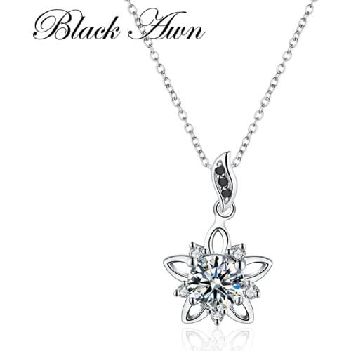 [BLACK AWN] Genuine 925 Sterling Silver Jewelry 1.3Ct Flower Black Spinel Stone Necklace for Women Necklaces Pendants P027