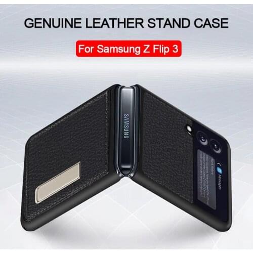 2021 For Samsung Galaxy Z Flip 3 5G Flip3 Case Genuine Leather Stand Holder Bracket Ultra Thin Protective Shockproof Back Cover