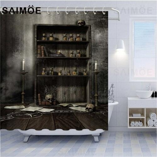 Wooden Shelf Shower Curtain Skull Candle Lamp Bath Curtains Retro Library Bookshelf Bathroom Curtain Art Decor Waterproof Fabric