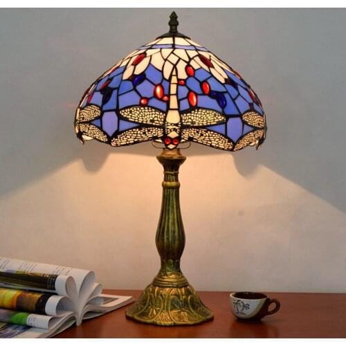 American classic retro dragonfly table lamp Tiffany stained glass villa living room bedroom bar porch Peacock decorative lamp