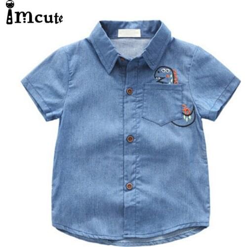 Imcute 2020 Summer Kids Shirts Boys Short Sleeve Lapel Clothes Kids Cotton Embroidery Dinosaur Denim Shirts Childrens Clothing