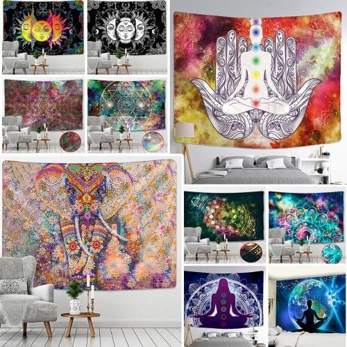 Indian Mandala Tapestry Pearl Elephant Art Wall Hanging Sun And Moon Meditation Chakra Tapestries for Living Room Decor