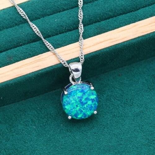 Classic Round Silver Color Pendant Necklace For Women Christmas Gift Bride Wedding Jewelry Exquisite Blue White Opal Crystal