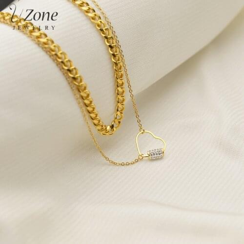 UZone Fashion Stainless Gold Cuban Chain Pendant Necklace Double-layers Chain Choker Necklaces For Women Girls Jewelry Gift