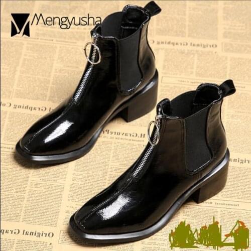 Japanned Leather front zipper boots women british square toe ankle botines thick heels elastic band riding botas de mujer 34-40