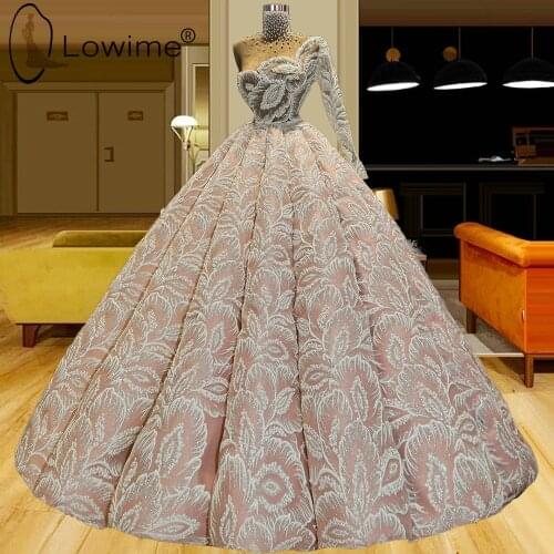 Muslim High Neck Ball Gown Wedding Dresses 2021 Single Long Sleeves Luxury Pearls Puffy Ruched Lace Bridal Gowns