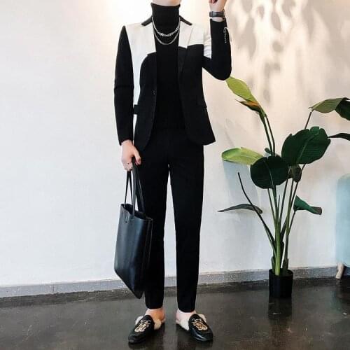 Men 2021 Autumn Winter New Slim Fit Two Piece Suits Male Patchwork Blazers Jackets Pants Business Wedding Dress Clothing W379