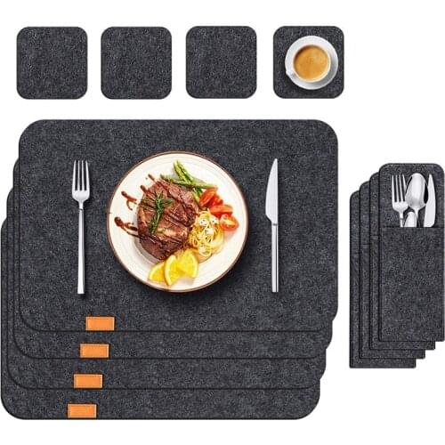 18Pcs Anti-Slip Natural Felt Dining Table Placemats Set Heat Insulated Coasters Kitchen Cutlery Storage Bags Washable Coasters