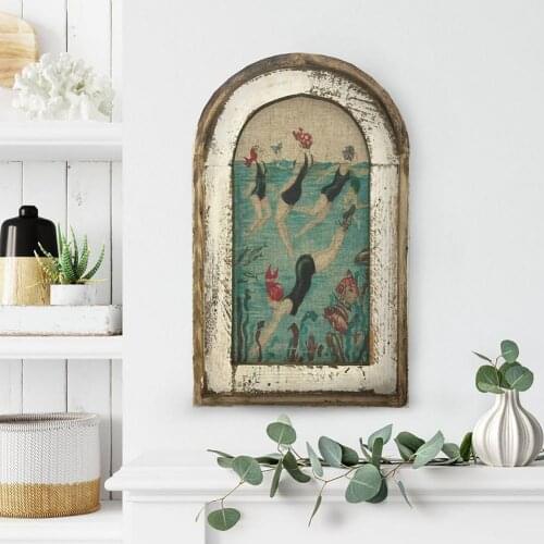 Swimming Wall Art Hanging Decorative Painting Wooden Plane Printing Modern Drawing Wooden Frame Fake Window Room Hanging Decor