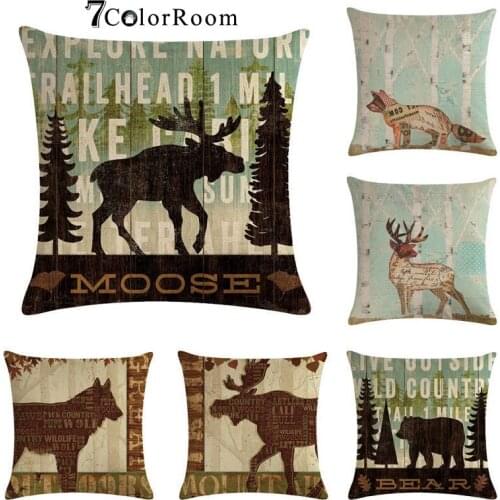 Animal Cotton linen Cushion Cover Fox Deer Elk Bear Moose Wolf Throw Pillow Cover for Home Decor Sofa Retro pillowcase 45*45 CM