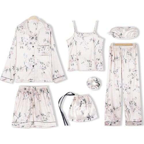 IZICFLY Summer Autumn New Style white floral pijamas women robe sets Sexy Sling sleep tops Nightgown home Nightwear -7 Pieces