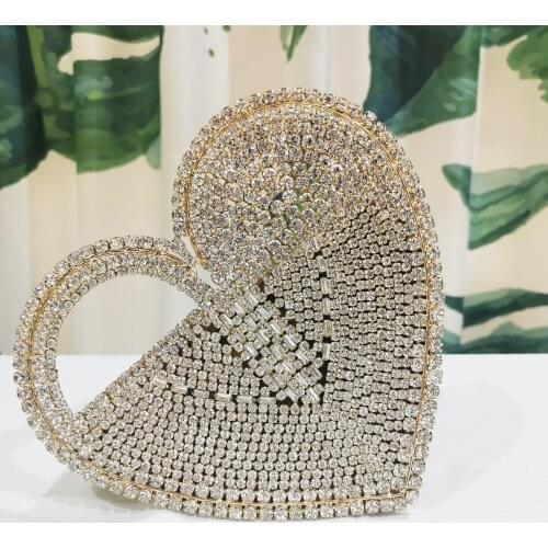 New Arrival Heart Shape White Crystal Clutch Bags High Quality Diamond Ladies Long Chain Party Prom Shoulder Crossbody Handbags