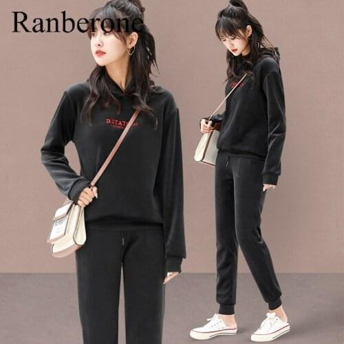 Ranberone Autumn Winter 2 Piece Womens Tracksuit Letter Printing Casual Sweater Pocket Trousers Plus Velvet Fitness Sports Suit