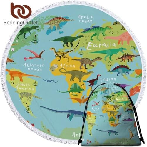 BeddingOutlet Dinosaur Round Beach Towel Jurassic Tapestry Kids Cartoon World Map Microfiber Large Bath Towel for Adults 150cm