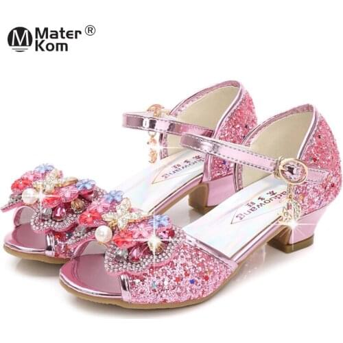 Size 26-38 Princess Dancing Shoes Girls Leather Shoes Butterfly Knot Sandals Kids Flower Glitter Shoes High Heel Shoes For Girls