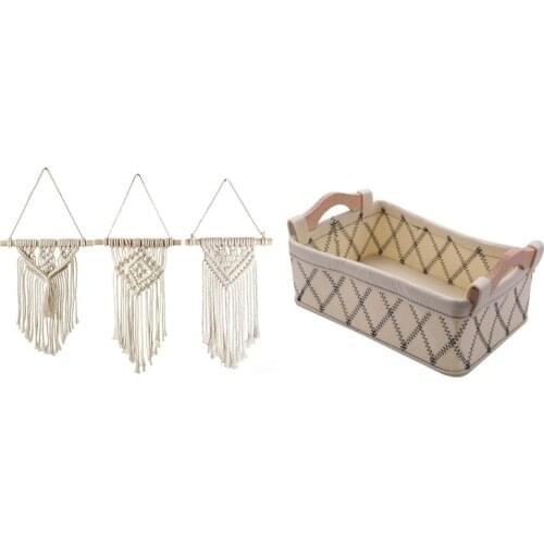 Felt Laundry Box Cotton and Linen Handle Desk Debris Storage Basket(Cream-Coloured Small) & 3 Style Wall Tapestry