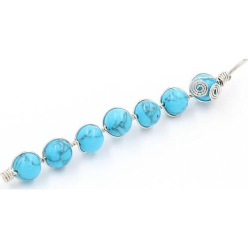 YJXP Silver Plated Wire Wrap Blue Turquoises Stone Round Beads Straight Line Pendant For Gift Jewelry