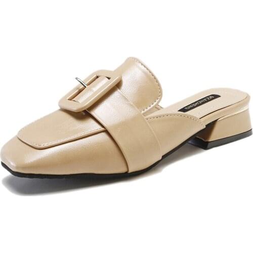 New Sexy Ladies Shoes Slippers Women Shoes Woman Mules Belt Buckle Cover Square Toe Mid Heels Solid Leather Casual Shoes Slides
