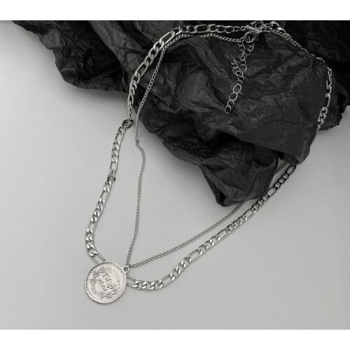 VSnow Vintage Double Layer Letter Coin Pendant Necklace for Women Silver Color Linked Chain Portrait Choker Necklaces Jewelry