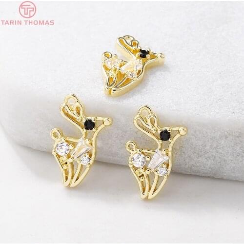 4PCS 9x13MM Hole 1MM 24K Gold Color Plated Brass with Zircon Deer Charms Pendants High Quality Diy Jewelry Accessories
