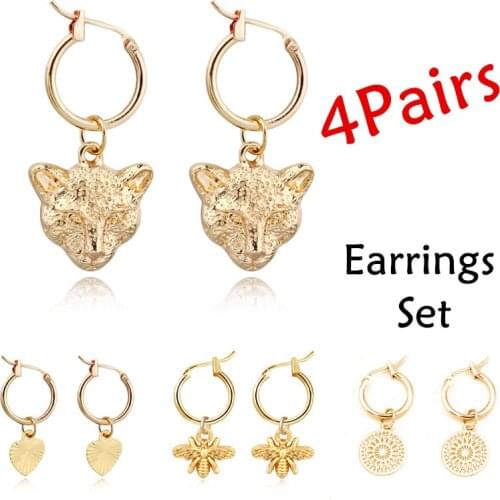 4Pairs New Heart Leopard Bee Hoop Earrings Set For Women Men Vintage Simple Gold Color Hollow Round Small Stud Earrings Jewelry