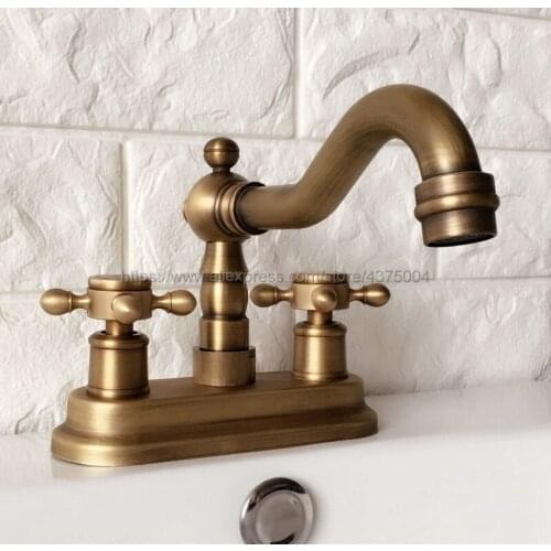 Antique Brass Deck Mounted Two Holes Bathroom Basin Faucet Bath Faucets Swivel Spout Vessel Sink Faucets Nan063