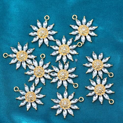 10Pcs Shinning Rhinestone Crystal Flower Charms Golden Plant Pendants For Craft Making Accessories Necklace Jewelry DIY Handmade