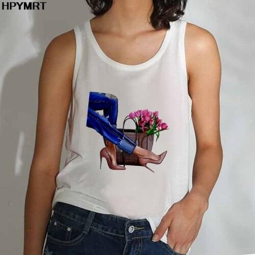Plus Size Summer Women Fashion O-neck Vest Tank Tops Sexy Camisole High heels Print Lady Casual Loose Sleeveless 90s Female Top