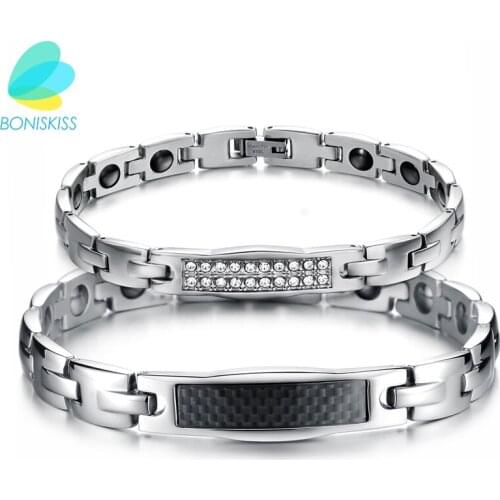 Boniskiss Carbon Fiber Jewelry Lovers' Magnetic Stone Bracelet Healing Stainless Steel Women Men Bracelets Health Care Gift
