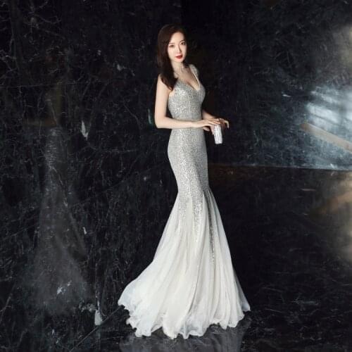Deep V-neck Long Sequined Mermaid Evening Dress for Banquet Host Nightclub Performance Dance Birthday Party Evening Dress A348