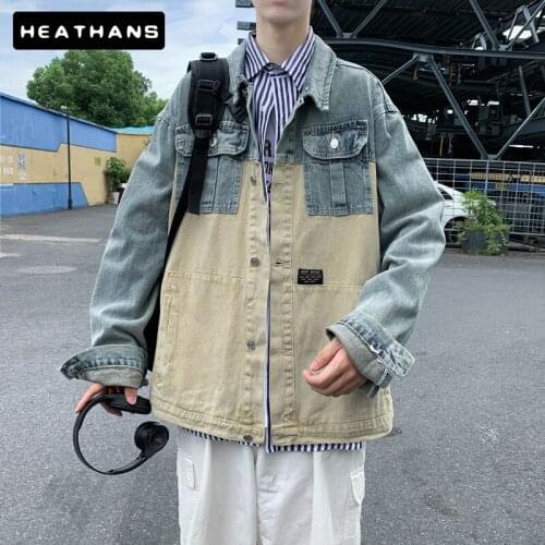 Men Jean Coat Loose Tooling Patchwork Stitching Denim Jacket Mens Autumn Winter Streetwear Hip-hop Teenagers Male Denim Jackets