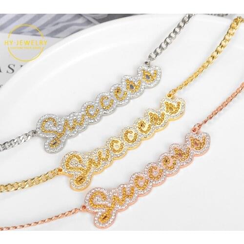 Personalized Name Necklaces Custom Iced Pendant Nameplate Gold Stainless Steel Chain Two Color Crystal Name Necklace For Women