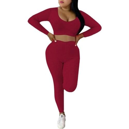 Fashion Womens Solid Long Sleeve Low Cut O-Neck Crop Tops Pants 2Pcs Set Female Tops Elastic Pants Two Pieces Sets Womens Suits