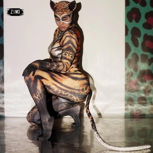 Halloween costumes for women adult party event print Cool bodysuit Stage show catwalk model cosplay cat outfit sexy Jumpsuit bar